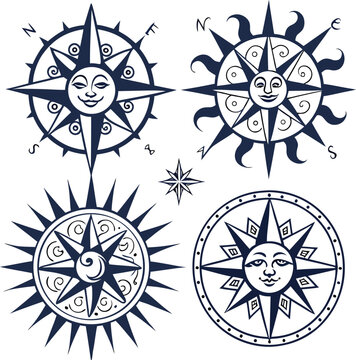 Compass rose sun faces mystical decorative elements vintage antique stylized nautical symbols.