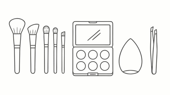 Clean flat vector illustration of makeup brushes, eyeshadow palette, beauty sponge and tweezers on a light background for beauty salon branding.