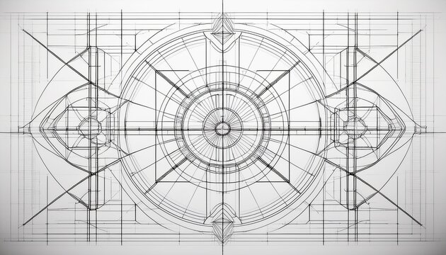 minimalist symmetrical grid pattern and precise technical drawing schematic with thin black lines on white background for architectural engineering and design layout