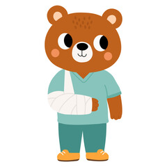 Fototapeta premium Brown bear patient character with broken arm in bandage wearing medical scrubs isolated on white background useful for hospital clinic brochures or healthcare education posters