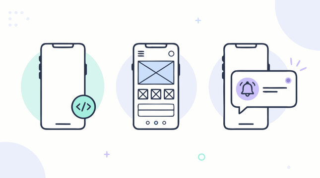 Clean flat vector illustration of mobile app screens, coding, wireframe layout and push notification on a light background for UI design or tech marketing.