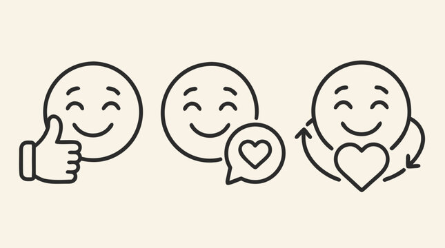 Clean flat vector illustration on a light background showing cheerful smiley reaction icons with thumbs up, chat heart and love symbols for feedback or social media engagement design.
