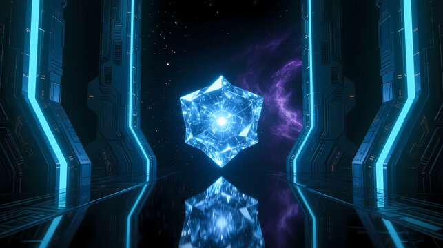 Blue polyhedral energy core in futuristic tunnel