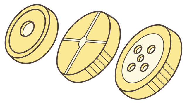 Vector illustration set of three different yellow buttons with various hole patterns