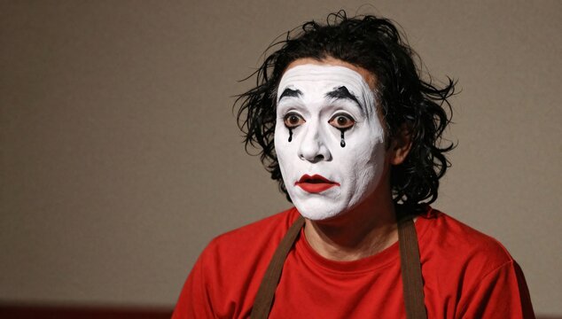 Pensive mime looks into the distance with dark tears running down his face