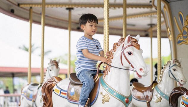 Young boy is riding a horse on a carousel in an amusement park on a bright day