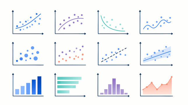 Clean flat vector illustration of assorted data charts, scatter plots and bar graphs on a light background for analytics dashboards, reports and business presentations.