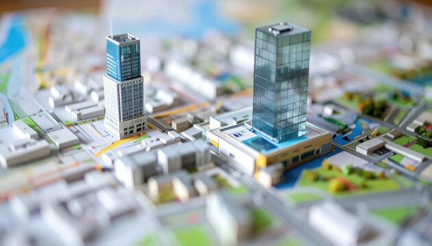 Architectural scale models of skyscrapers on detailed city map.