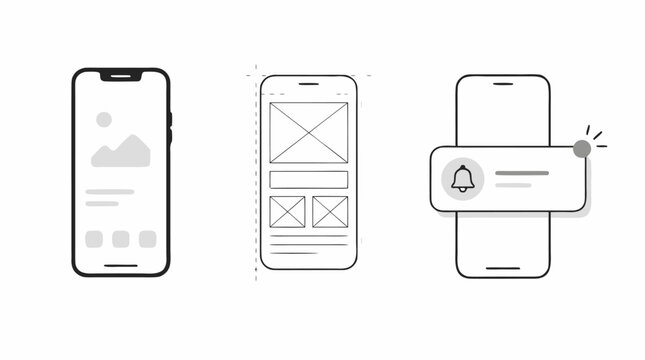 Clean flat vector illustration of smartphone app wireframes with notification banner on a light background, ideal for mobile UI design presentations.