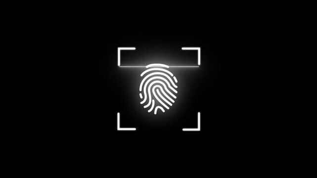 White glowing fingerprint inside a square frame with a scanning line for biometric security authentication and digital identity verification systems