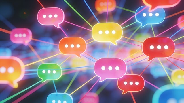 Vibrant chat bubbles connect people in a colorful, digital communication network.