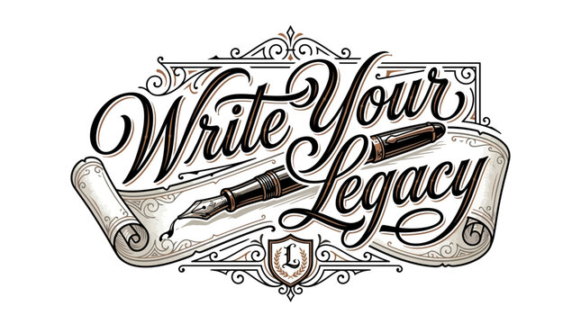 Write Your Legacy elegant vintage typography logo design with fountain pen and parchment scroll.