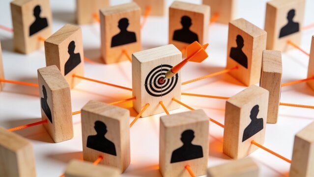 Wooden blocks with human silhouettes connect to a central target symbol