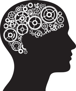 Black silhouette of a head filled with intricate mechanical gears and cogs