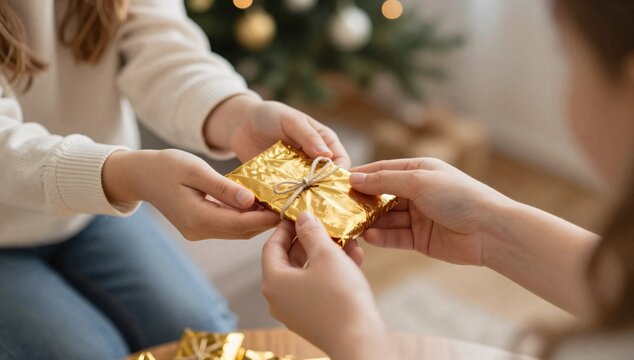 Exchanging a present wrapped in gold paper with a beige string bow, in a bright room