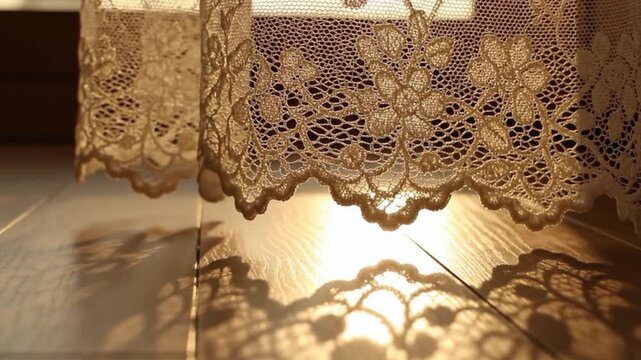 Delicate lace curtain casting intricate shadows on sunlit wooden floor