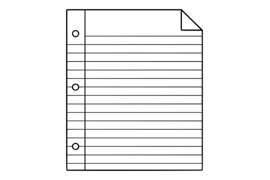 A clean black and white line art vector icon of a ruled paper sheet, useful for note-taking tools, lesson materials, and printable planners.