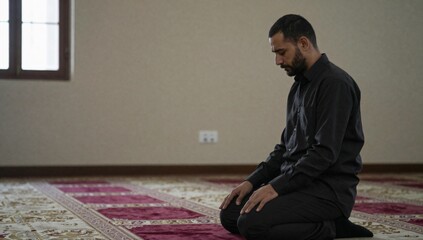 Fototapeta premium Man kneels in prayer on carpet inside of a mosque with natural light coming through window
