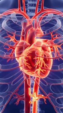 3D medical illustration of a human heart and rib cage. Suitable for education, cardiology, science documentary, and healthcare advertisement.