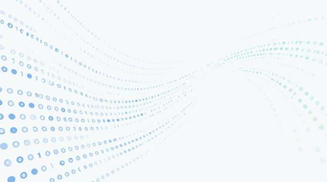 Clean flat vector illustration of flowing blue and green binary data waves on a light background, ideal for technology, AI, cloud computing, or network banner design.