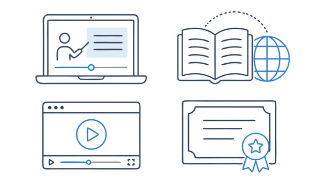 Clean flat vector illustration on a light background showing online learning icons for courses, video lessons, global study, and certificates, ideal for education platforms.