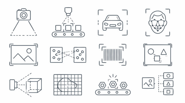 Clean flat vector illustration on a light background showing computer vision and machine learning recognition icons for AI technology presentations and automation interfaces.