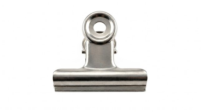 Shiny silver binder clip isolated on clean white background, front view, office supply.