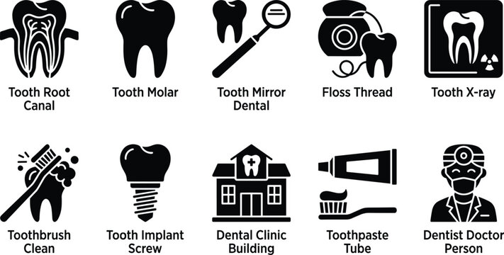 Comprehensive collection of dental hygiene icons with roots, molars, and a professional dentist.