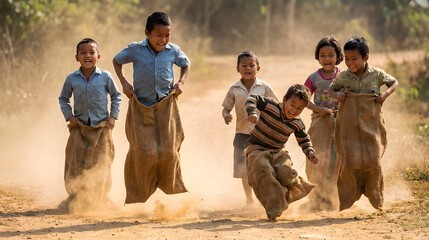 Group of Joyful Children Participating in Traditional Sack Race Game