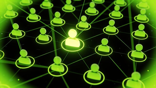 A glowing person connects with others in a network of people.