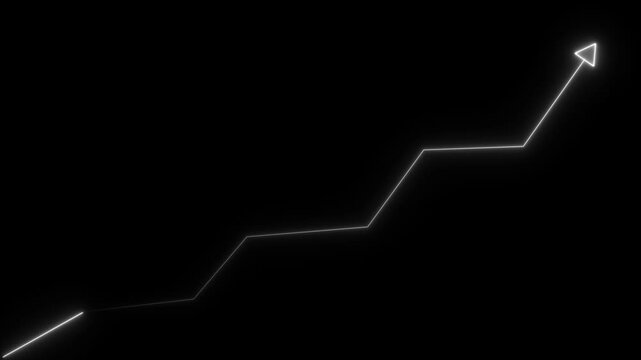 Glowing neon white line graph moving upwards with an arrow head indicating financial growth and positive market trends on a solid black background
