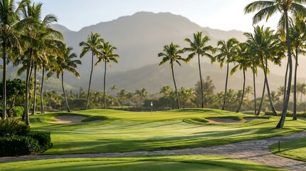 Fototapeta premium A beautiful view of a lush palm springs golf course green with tall palm trees, sand bunkers, and dramatic mountain scenery under a soft golden sunset