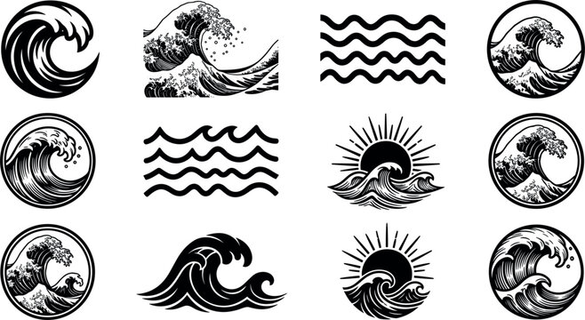 Ocean Wave Silhouette Icon Collection with Japanese Great Wave Crests and Sunset Badges for Surfing Brands Maritime Elements and Nautical Graphic DesignsOcean Wave Silhouette Icon Collection with Japa