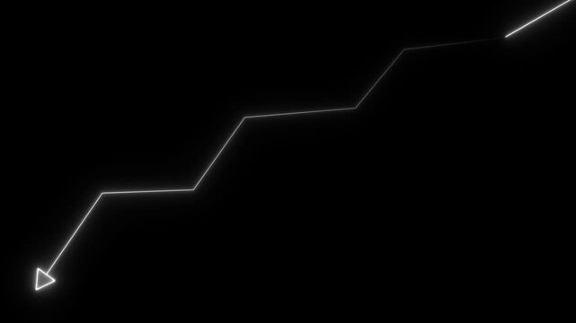 Glowing neon white line graph moving downwards with an arrow head indicating financial decline and negative market trends on a solid black background