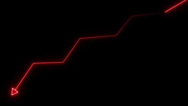 Glowing neon red line graph moving downwards with an arrow head indicating financial decline and negative market trends on a solid black background