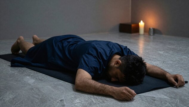 Man practices prone yoga pose on a mat in a dimly lit room with candles