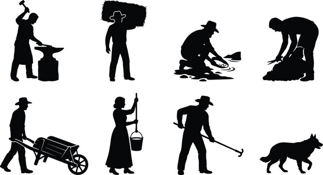 Traditional vintage professions vector silhouettes set including blacksmith farmer gold panner sheep shearer and historical rural laborers