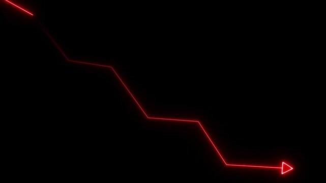 Glowing red neon line graph showing a downward trend with an arrow pointing right on a solid black background for financial data analysis