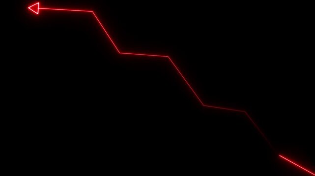 Glowing red neon line graph showing a downward trend with an arrow pointing left on a solid black background for financial data analysis