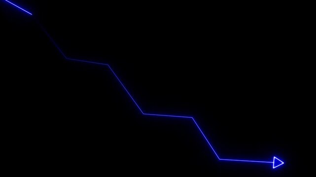 Glowing blue neon line graph showing a downward trend with an arrow pointing right on a solid black background for financial data analysis