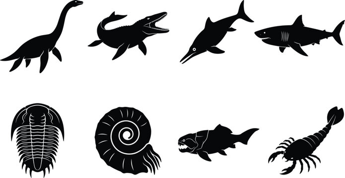 Prehistoric marine animals vector silhouettes collection including plesiosaur mosasaur ichthyosaur shark trilobite and ammonite fossils set