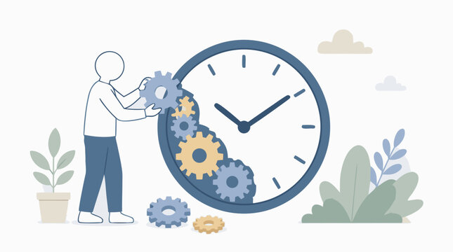 Clean flat vector illustration of a person adjusting gears inside a large clock on a light background, ideal for time management, productivity, workflow, and planning concepts.
