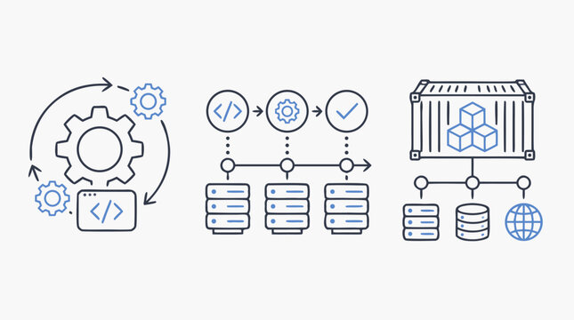 Clean flat vector illustration on a light background showing DevOps automation, coding, servers, containers and cloud infrastructure for software workflow presentations.