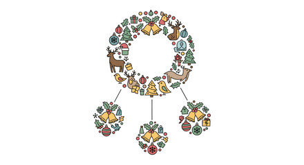 Festive Christmas wreath composed of colorful holiday icons including reindeer bells and winter birds on white background. © Asiya