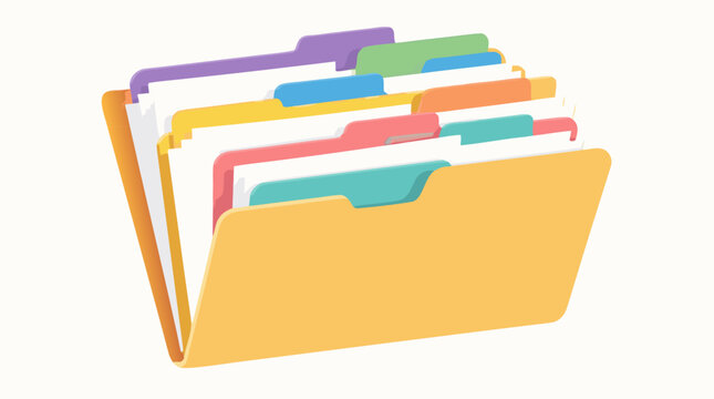 Clean flat vector illustration of an open yellow file folder with colorful document tabs on a light background, ideal for office organization and data management designs.