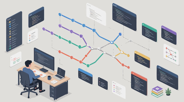 Clean flat vector illustration on a light background showing a developer managing connected code panels and data flow charts, ideal for software architecture and analytics content.