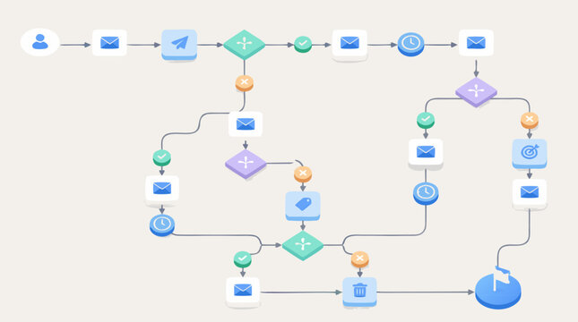 Clean flat vector illustration of an email workflow automation flowchart on a light background, useful for CRM, marketing campaign, and process design materials.