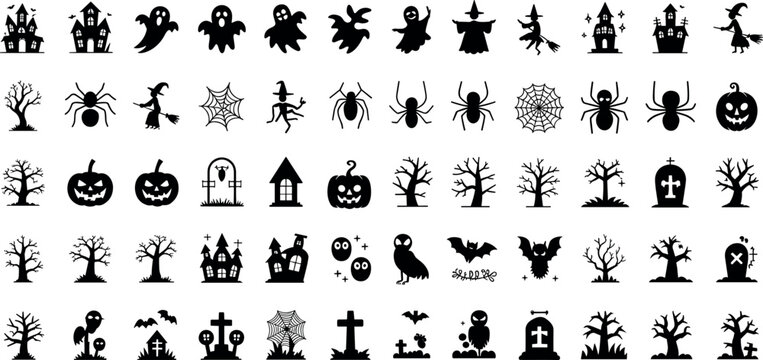 Halloween silhouette vector icon set featuring spooky haunted houses, ghosts, witches, pumpkins, bats, spiders, graves, and creepy dead trees.