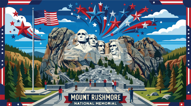 American landmark, Mount Rushmore National Memorial, patriotic illustration, fireworks display