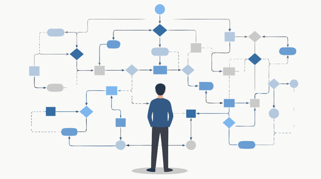 Clean flat vector illustration on a light background showing a businessman facing a complex workflow chart, ideal for business process planning and automation concepts.